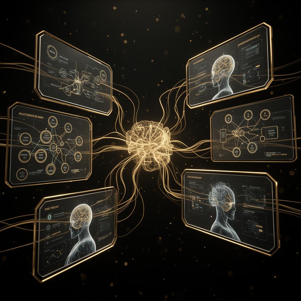 Visualização de Inteligência Artificial conectando dashboards, agentes inteligentes e fluxos automatizados
